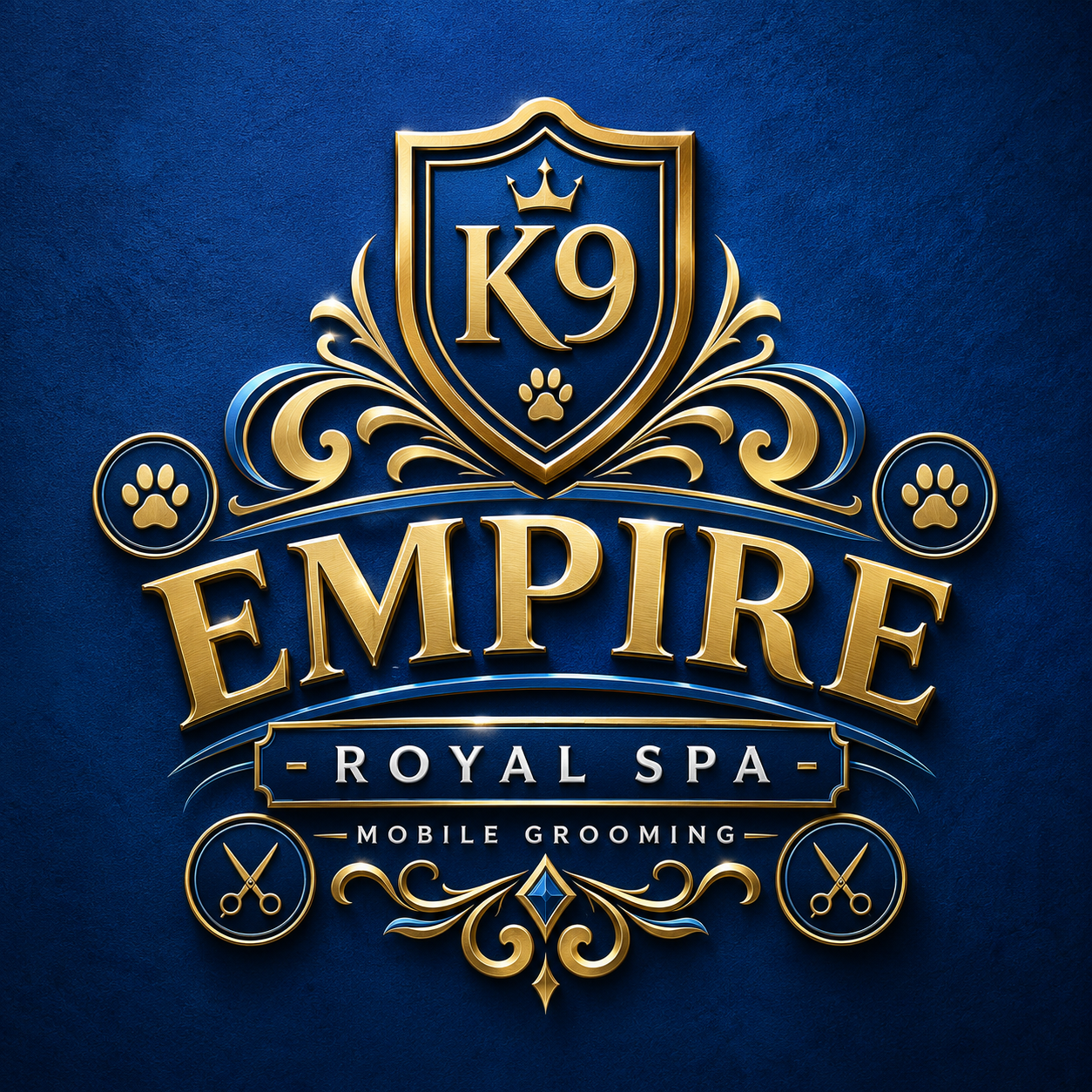 K9 Empire Royal Spa gold crest logo on a royal blue background